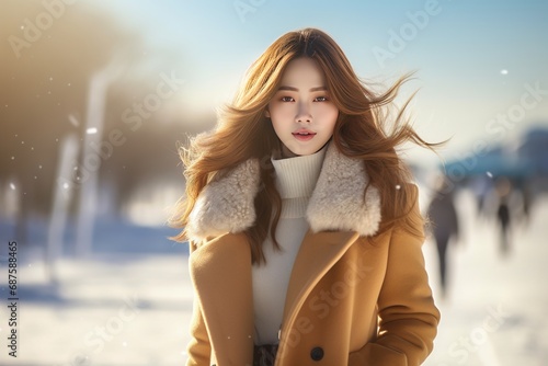 Portrait of a beautiful young woman with long curly hair, in a coat in winter forest. Beauty, fashion.