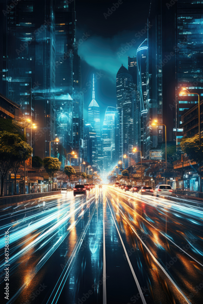 Abstract background of modern futuristic technological street of night city