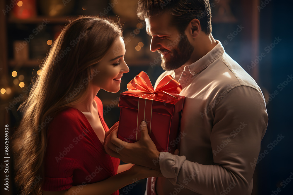 Man gives a gift to a woman for a holiday Man gives a gift to a woman for a holiday