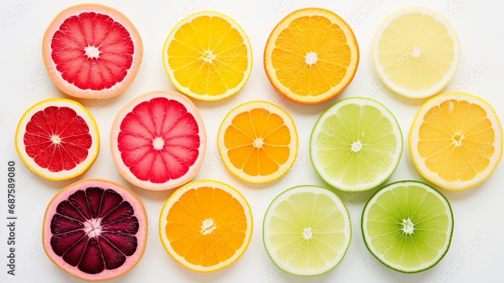 Fototapeta premium Collection of vibrant fruit slices arranged on a white tabletop