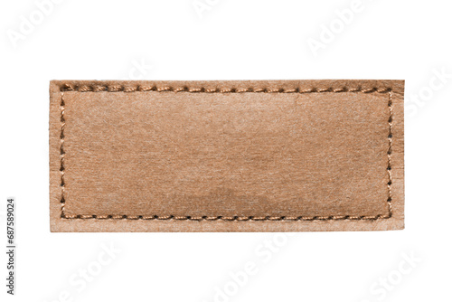 Brown leather belt strap closeup isolated on white. Brown stitched leather seam frame label tag isolated on white. Empty copy space fashion background.