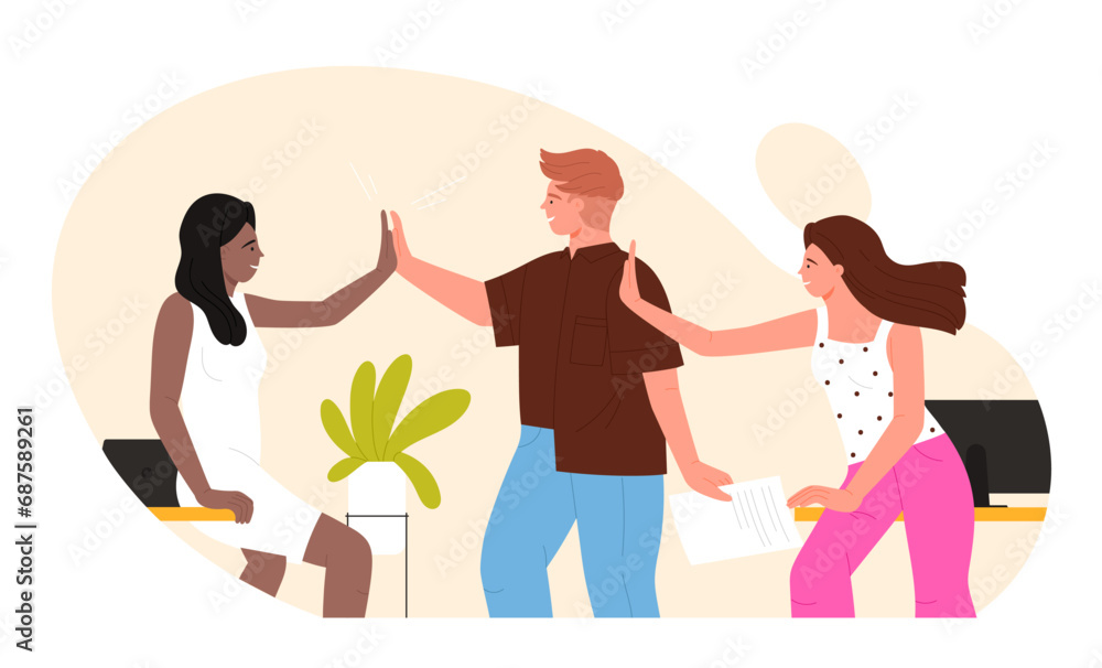 Happy male friends give high five together vector illustration. Cartoon team of young people with joy showing positive gesture of trust and support, friendship and meeting