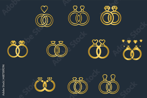 Set of golden couple rings, wedding rings, engagement rings, gold pair rings and marriage rings