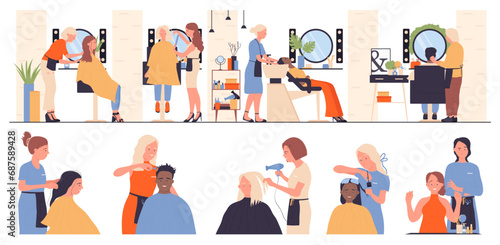 Hairdresser salon service set vector illustration. Cartoon isolated male and female customers sitting in front of mirror to comb and care, cut or wash hair, hairstyle for man and woman by stylist
