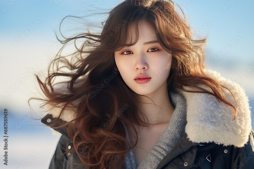 Portrait of a beautiful young woman with long curly hair, in a coat in winter forest. Beauty, fashion. Portrait of a beautiful young woman with long curly hair, in a coat in winter forest. Beauty, fashion.