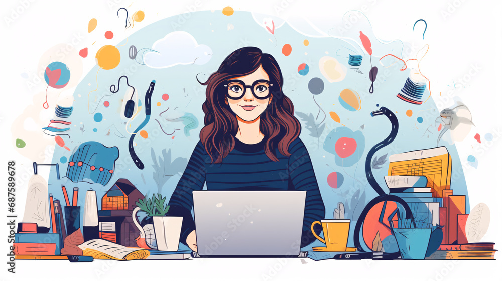 Young woman working at home. Freelance and remote work concept. Vector illustration.