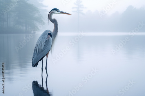 A great blue heron stand by a lake in the fog.