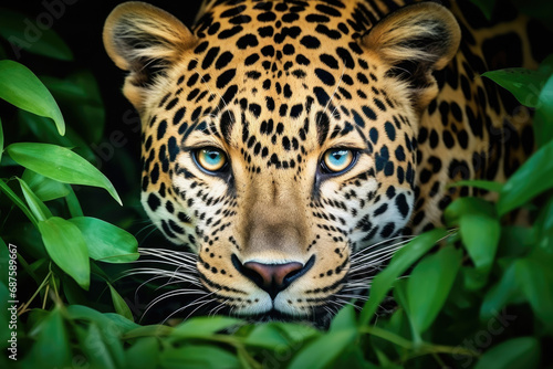 The beautiful leopard is hiding behind the bush.