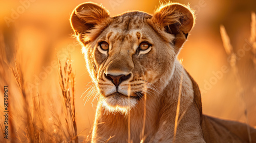 A lioness sitting in tall grass at sunset.