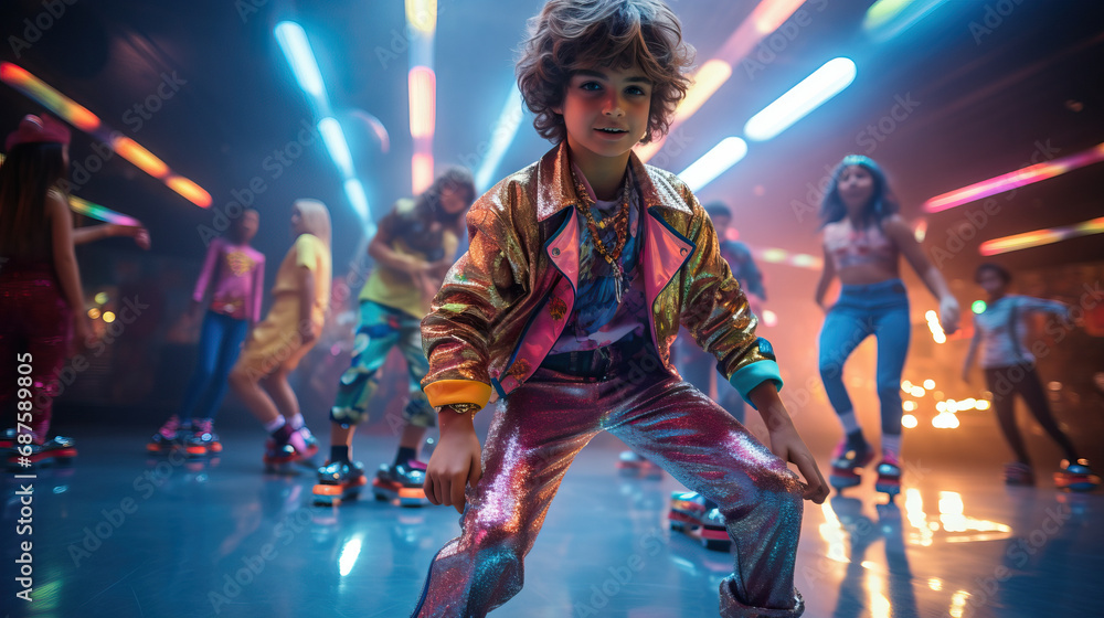 Kids Roller Skating at a Retro Roller Disco Photograph kids dressed in