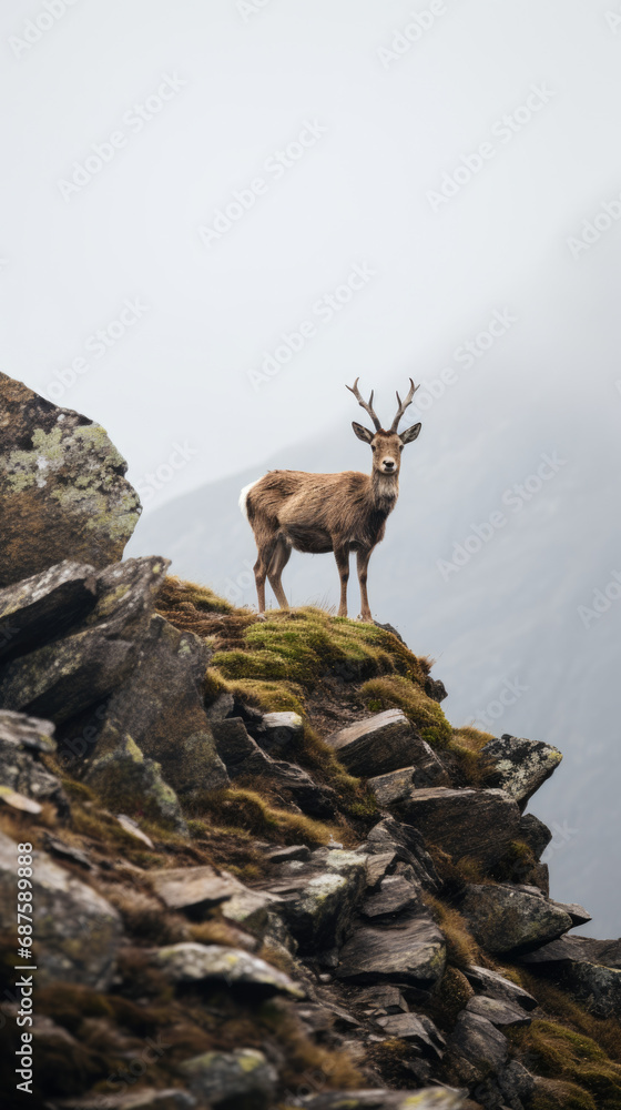 A deer standing on a small pebble on top of a mountain. A deer standing on a small pebble on top of a mountain.