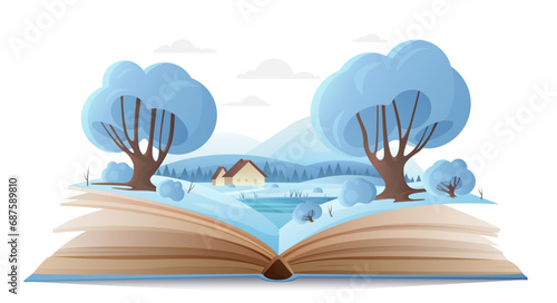 Christmas winter nature in open book vector illustration. Cartoon fairy tale winter scene and landscape on paper pages of storybook, mountain and house, forest trees with snow, cute fantasy world