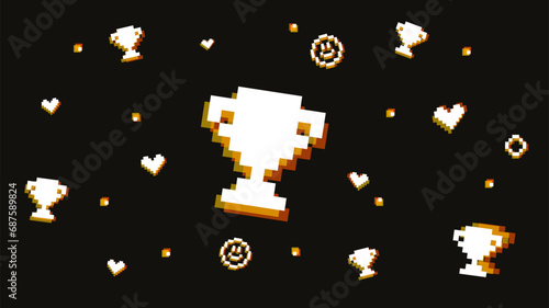 Game winner vector illustration. Golden trophy, hearts and smiling faces in pixel style with glitch effects for online gaming, arcades. background for website, stream in retro style.  You win, winner.