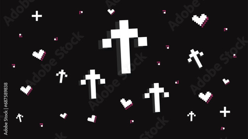Level up vector illustration. Upside arrows and hearts in pixel style with glitch effects for online gaming, arcades. Template background for website for stream in retro style. You win, winner.