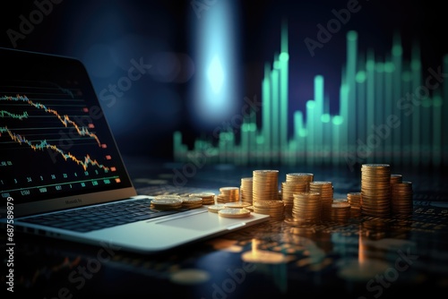 Business trading background with charts, screens and money photo