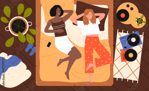 Girl friends listen to music at pajama party, cozy bedroom view from above vector illustration. Cartoon sisters or best girlfriends in underwear lying to relax to retro album on vinyl records