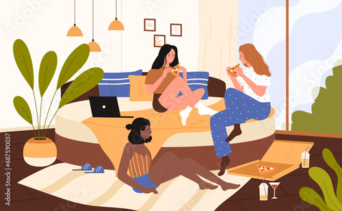 Girls eat pizza at home pajama party vector illustration. Cartoon dinner scene with diversity group of best girlfriends eating, talking, sharing pizza slices, happy three young women sitting together