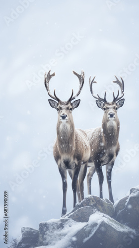 Two deer stand on the top of a rock with snow around them.