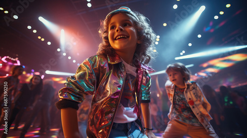 Kids Roller Skating at a Retro Roller Disco: Photograph kids dressed in vibrant 80s roller disco attire, skating under neon lights and disco balls at a retro-themed roller rink. photo