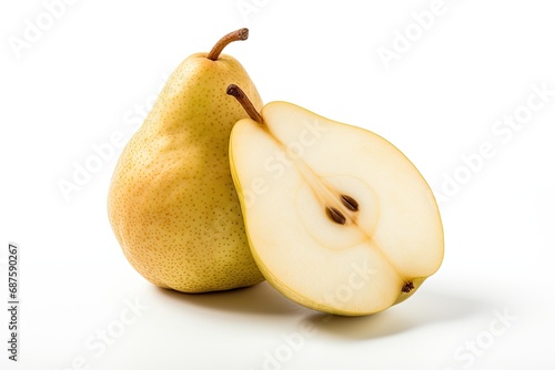 Juicy yellow pear, cut in half — sweet, fresh, and vibrant. Healthy organic snack, nature's delight.