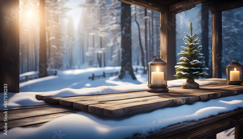 Old wooden table with winter theme in the background  Christmas theme  beautiful photo wallpaper 