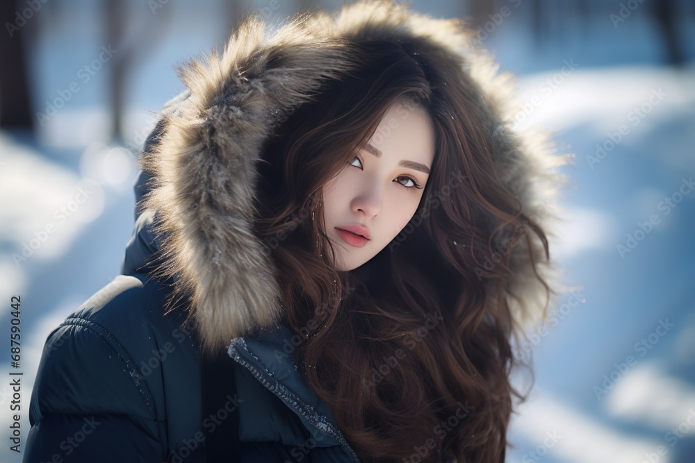 Portrait of a beautiful young woman with long curly hair, in a coat in winter forest. Beauty, fashion. Portrait of a beautiful young woman with long curly hair, in a coat in winter forest. Beauty, fashion.