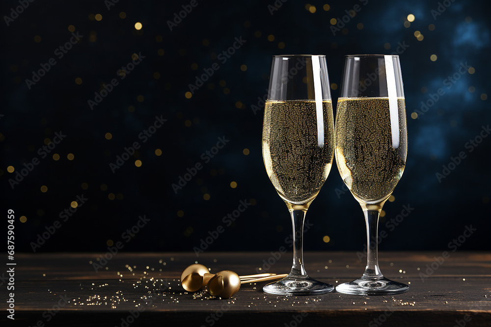 Two glasses of champagne on a dark background with glitter and space for text Two glasses of champagne on a dark background with glitter and space for text