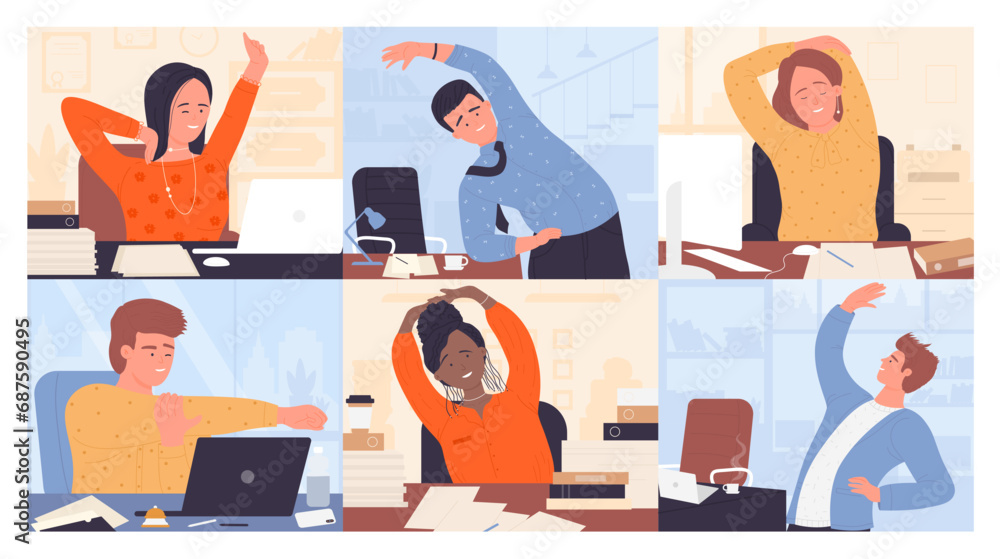 People stretching at workplace, office yoga set vector illustration. Cartoon employees relax after work, workers characters stretch body in physical exercises sitting in chairs or standing near table