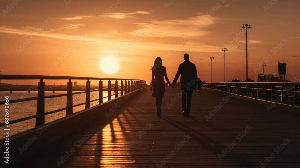 Beautiful couple walk seafront silhouette. Romantic love date.