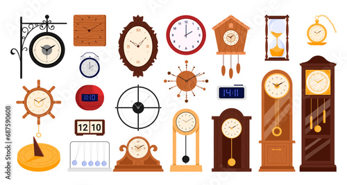 Clocks and watches set vector illustration. Cartoon isolated various types of modern digital and analog clocks collection, different models of timer and hourglass, cuckoo and antique tower with bell photo