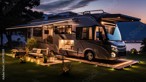 Super luxury design of modern motorhome on the background of the night rocky mountains photo