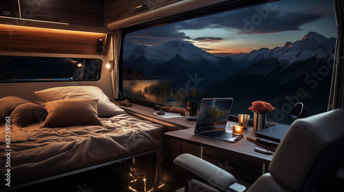 Luxury interior design of modern motorhome on the background of the night rocky mountains © mikhailberkut