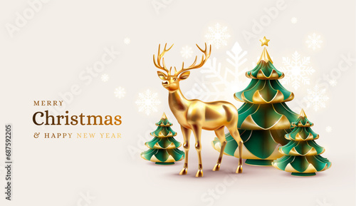 Christmas background. Christmas tree and reindeer, snowflakes winter Xmas background in gold color. Happy New Year. Vector illustration