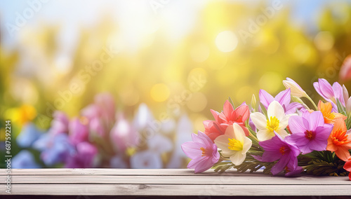 Fondo natural floral de primavera con una tabla de madera en primer plano y flores desenfocadas en un campo  photo