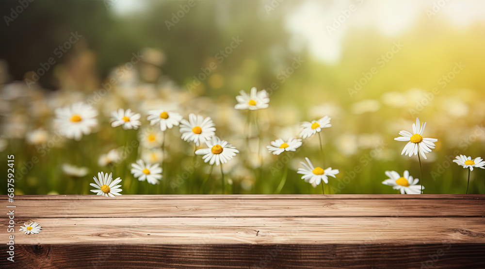 Fondo natural floral de primavera con una tabla de madera en primer plano y flores desenfocadas en un campo  - obrazy, fototapety, plakaty 