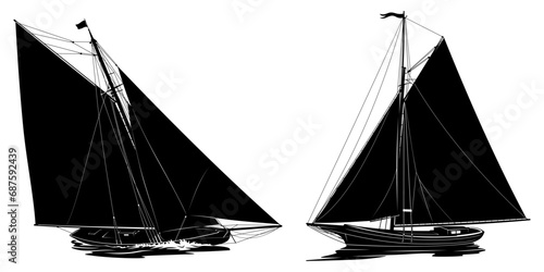 Sailboats Silhouettes. Sloops. Vector cliparts isolated on white.
