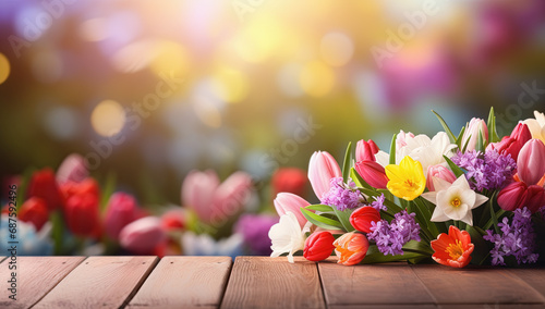 Fondo natural floral de primavera con una tabla de madera en primer plano y flores desenfocadas en un campo  © Helena GARCIA