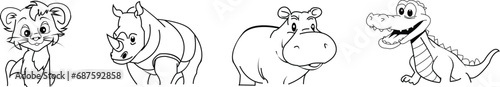 different animal set of wild life, including cat, crocodile, rhino doodle, and hippo animals vectors for mobile, app or ui, isolated on transparent background