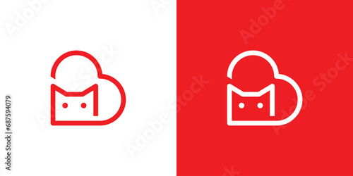 Love Cat Logo Design Template. Pet Love Logo with Outline Lineart Style. Icon Symbol Vector Illustration.