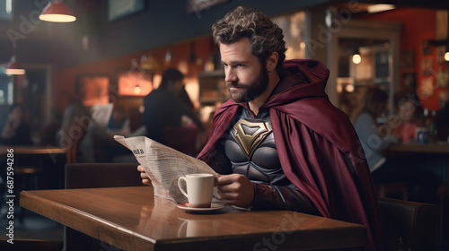 Man in a superhero cape reading a newspaper in a coffee shop. Concept of ordinary moments in extraordinary lives. photo