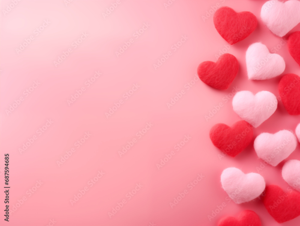 Red and white wool hearts on pink background with copyspace 
