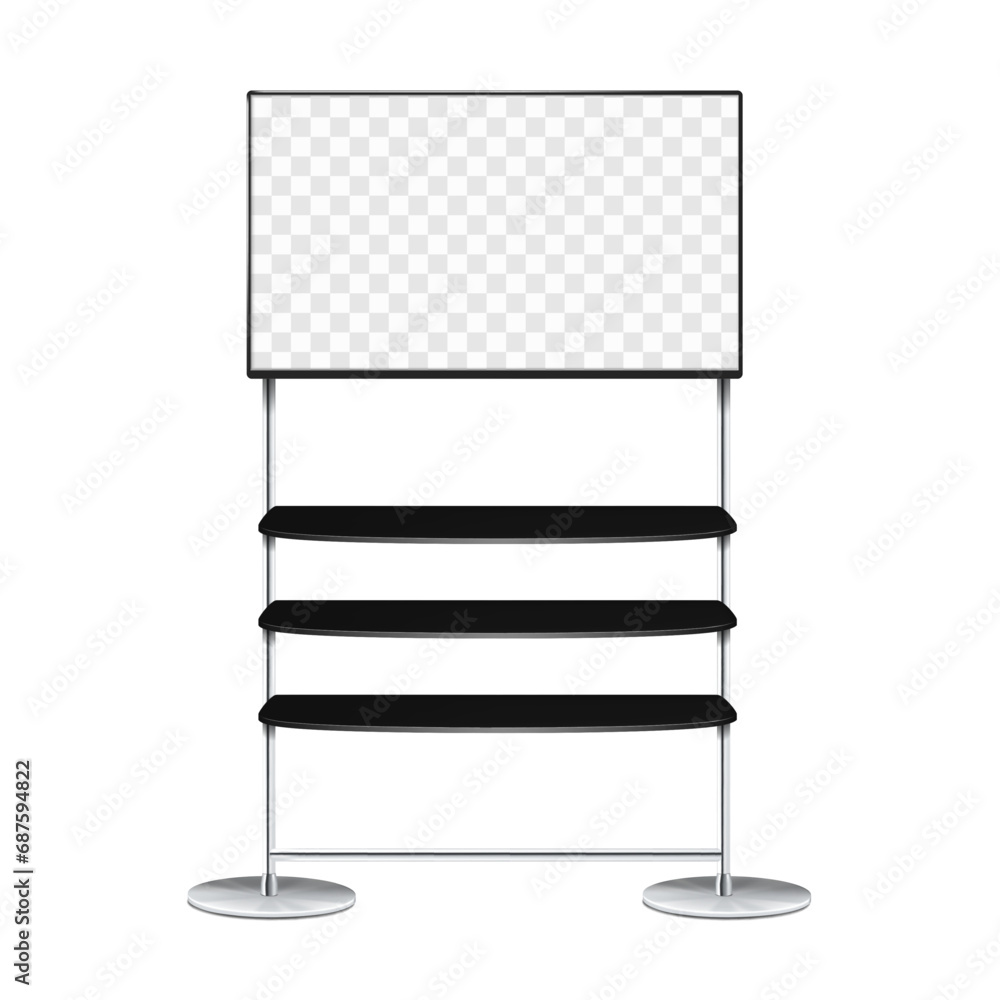 Trade show pop TV stand with shelves, front view vector mockup