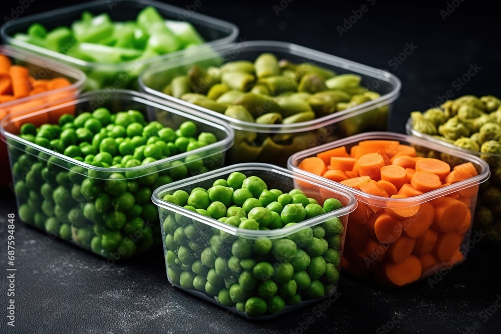 Frozen Vegetables, green peas, Brussels sprouts, young carrots, in plastic containers on a concrete-gray background with a place to copy,