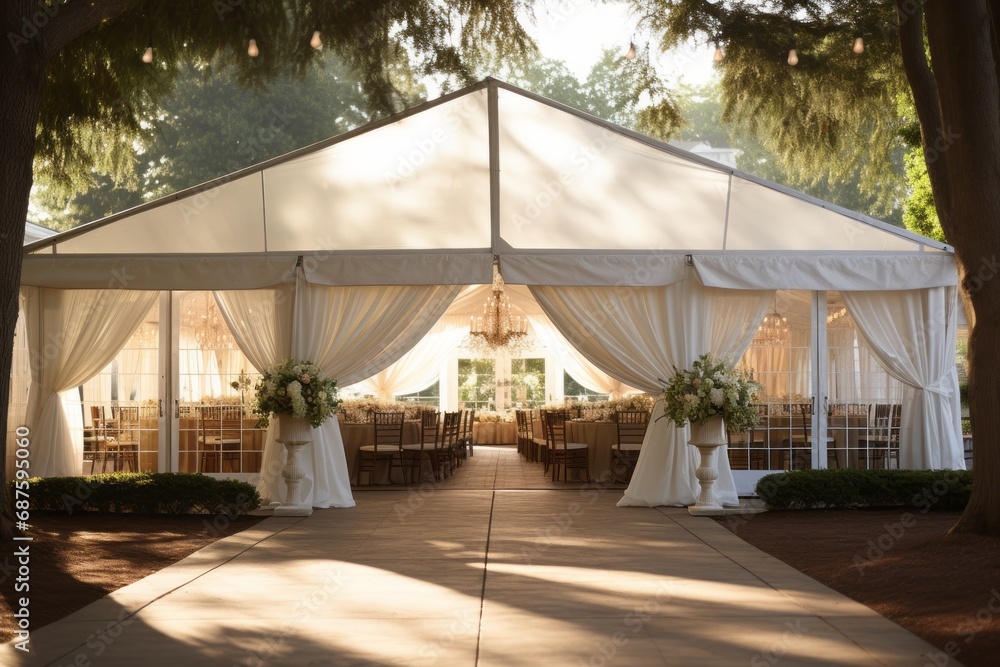 Fototapeta premium Outdoor wedding tent decorated with flowers, outdoor wedding