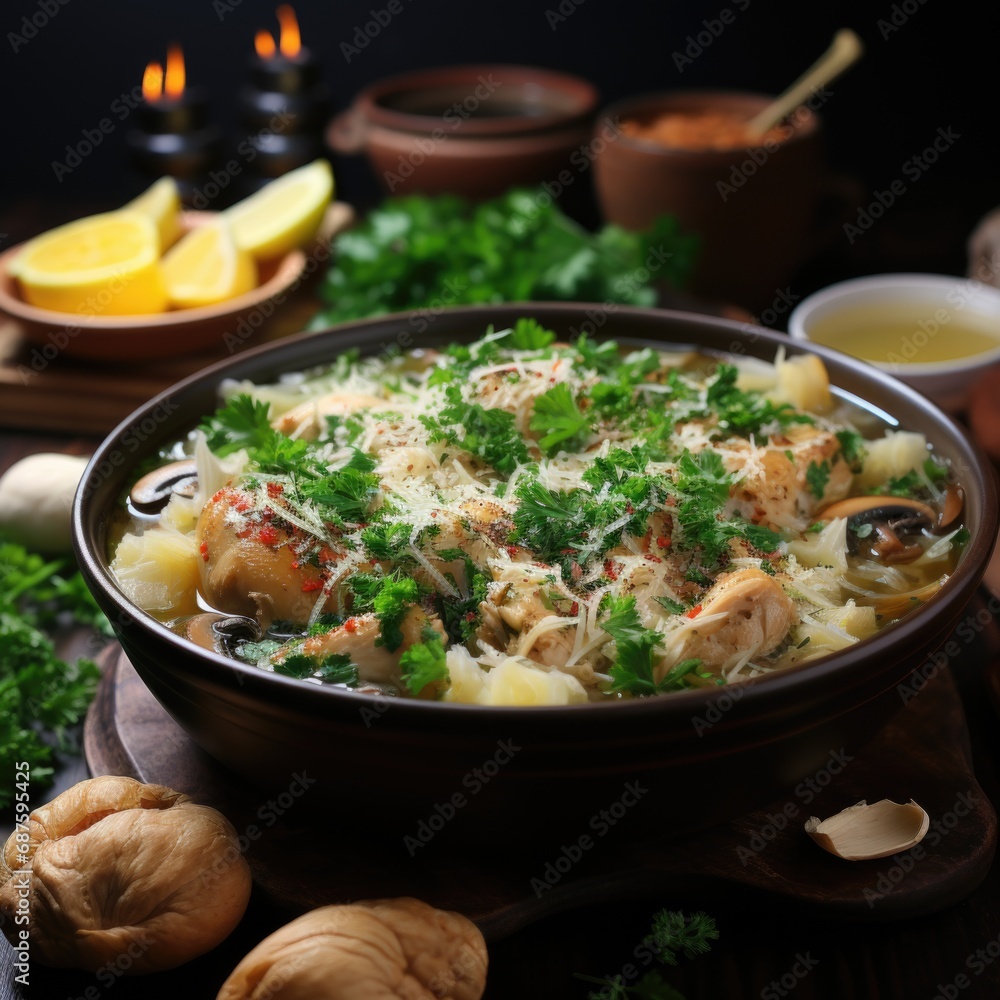 Party Spread with Chicken Soup Realistic Food Image Generative AI Party Spread with Chicken Soup Realistic Food Image Generative AI