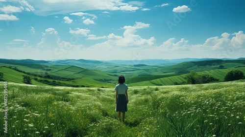 A person looks out over a green meadow under a bright blue sky. Peaceful green landscape with a woman in the foreground. © senadesign