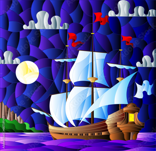 Illustration in stained glass style with sailboats with hite sails against the starry sky, the sea and the moon