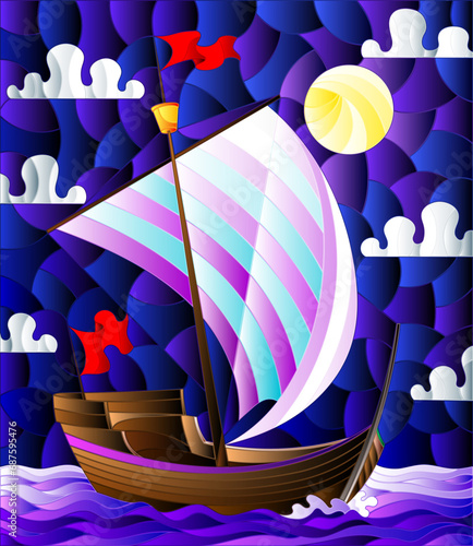 Illustration in stained glass style with sailboats with light sails against the sky, the sea and the moon