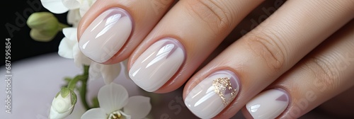 Beautiful well-groomed hands of the bride with modern manicure  nail design for the bride  banner