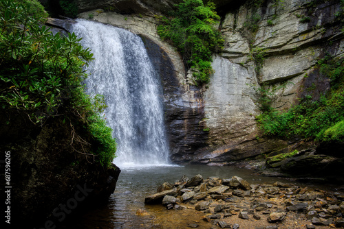A landscape at the base of Looking Glass Falls in the Blue Ridge Forest in North Carolina.